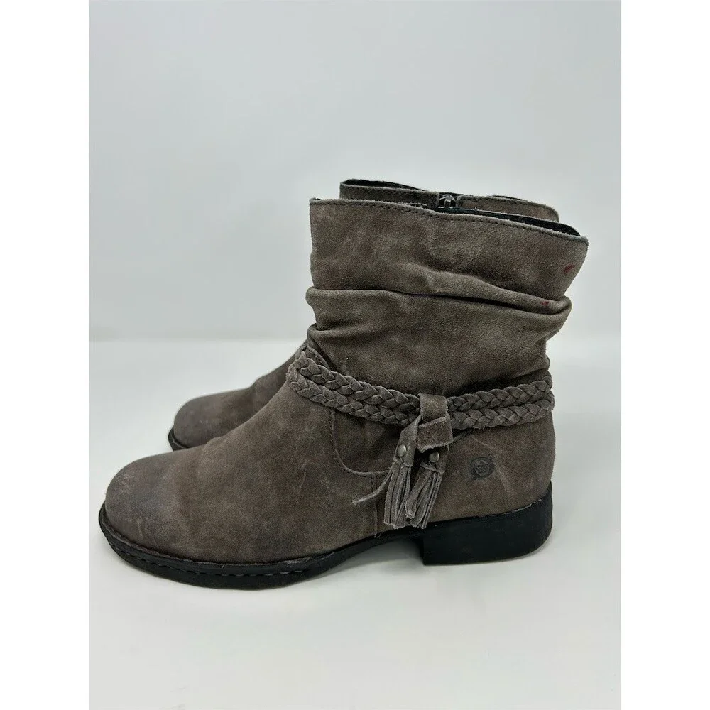 Born Womens Ankle Booties Gray Suede Slouch Braided Tassel Side Zip Size 10